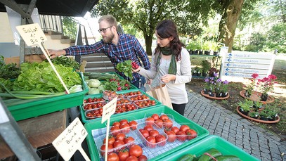 Ein Mann und eine Frau wählen frische Produkte von einem Gemüsestand aus. Ein Wegweiser im Hintergrund weist den Standort als Klinikgelände aus.